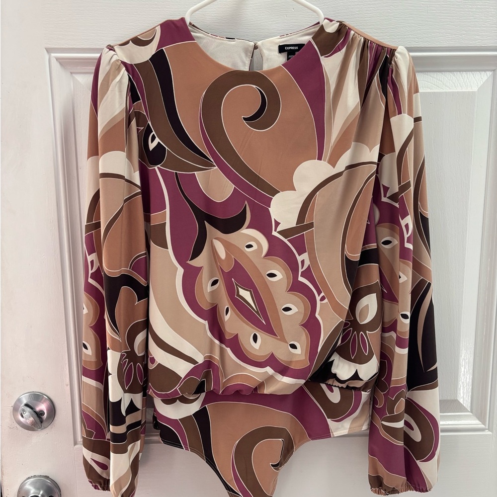 Express Women's Purple and Brown Patterned Blouse body suit